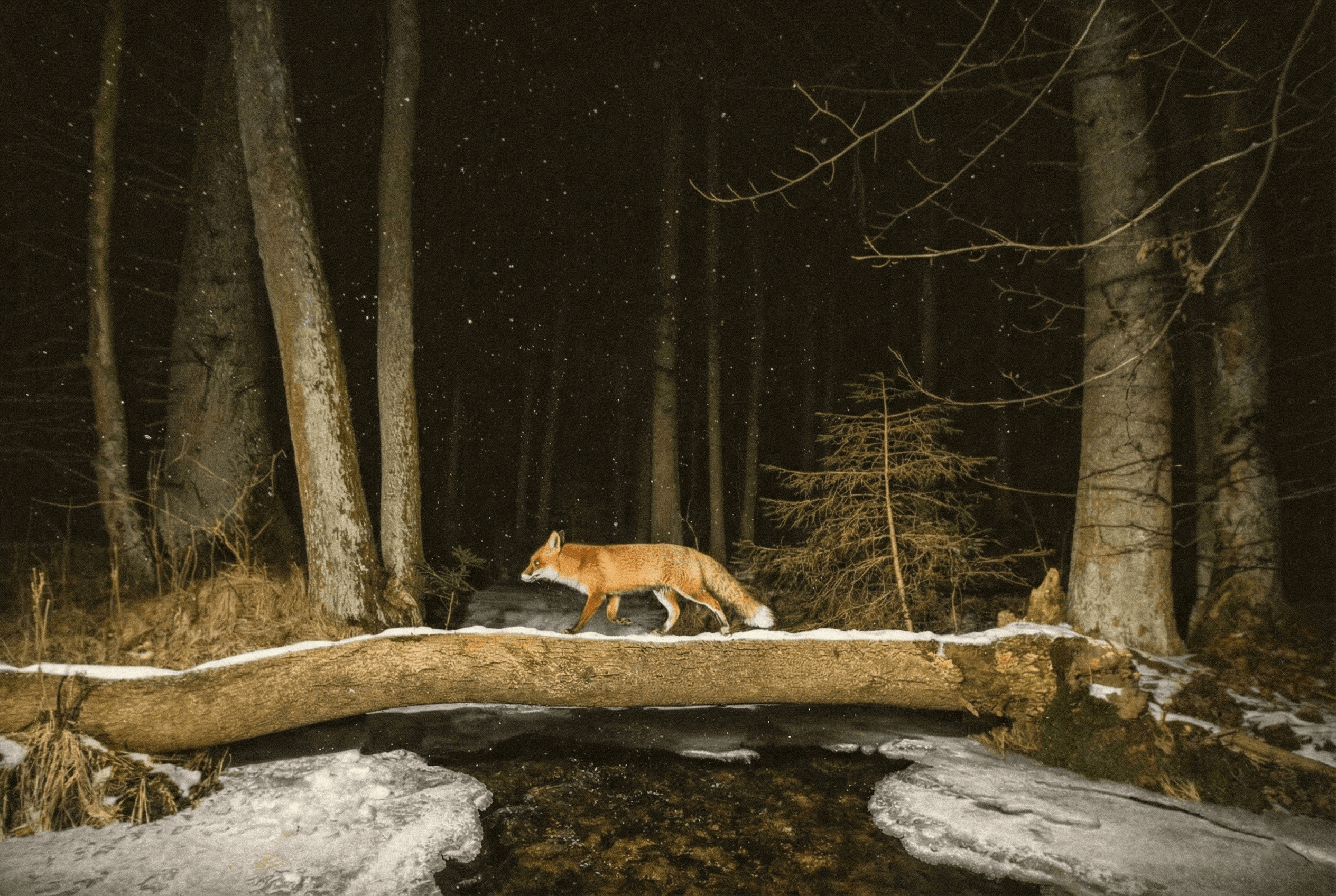 A fox crossing a snowy log bridge in a dark winter forest
